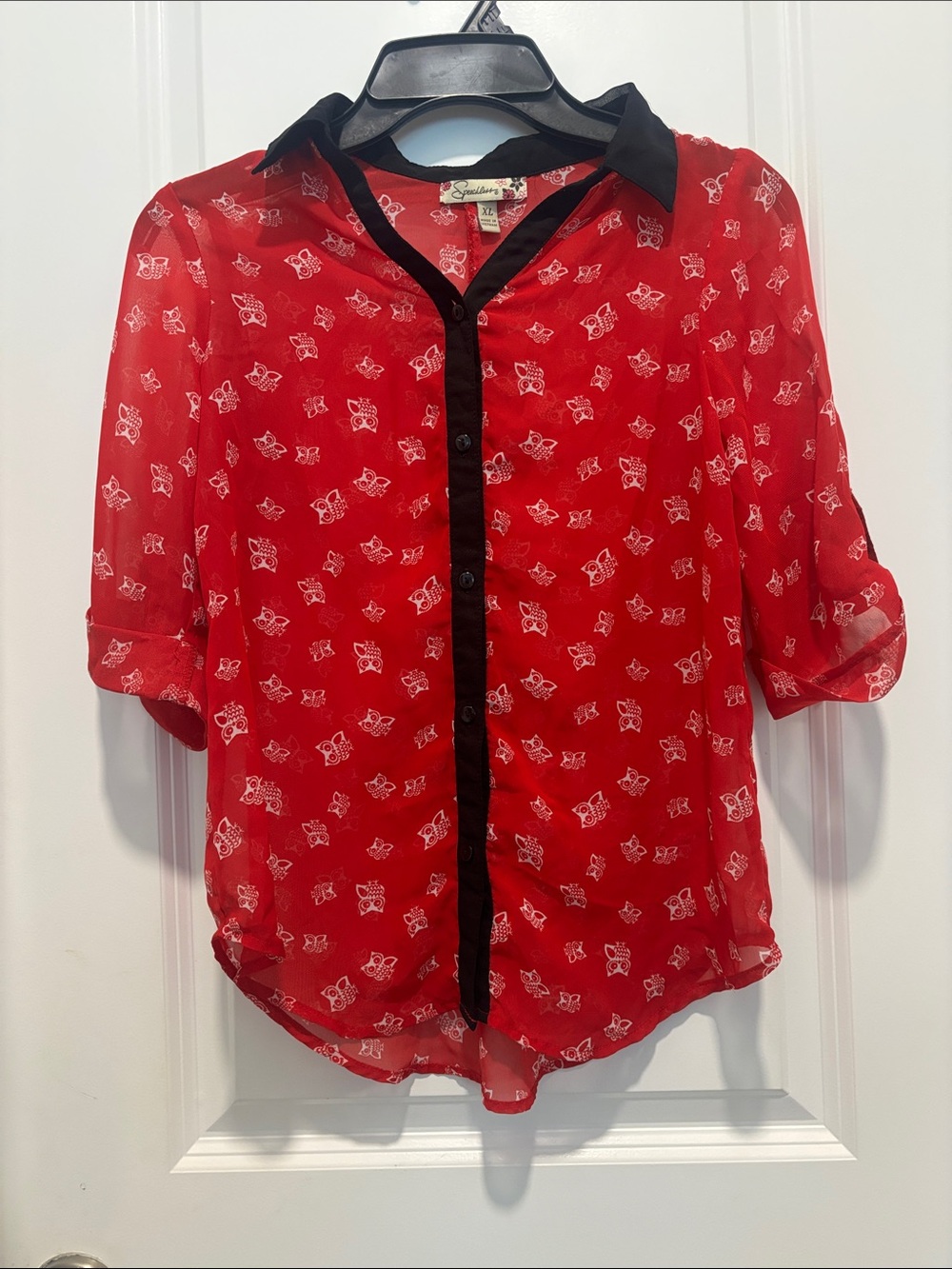 Red Sheer Button-Up Blouse with Black Trim